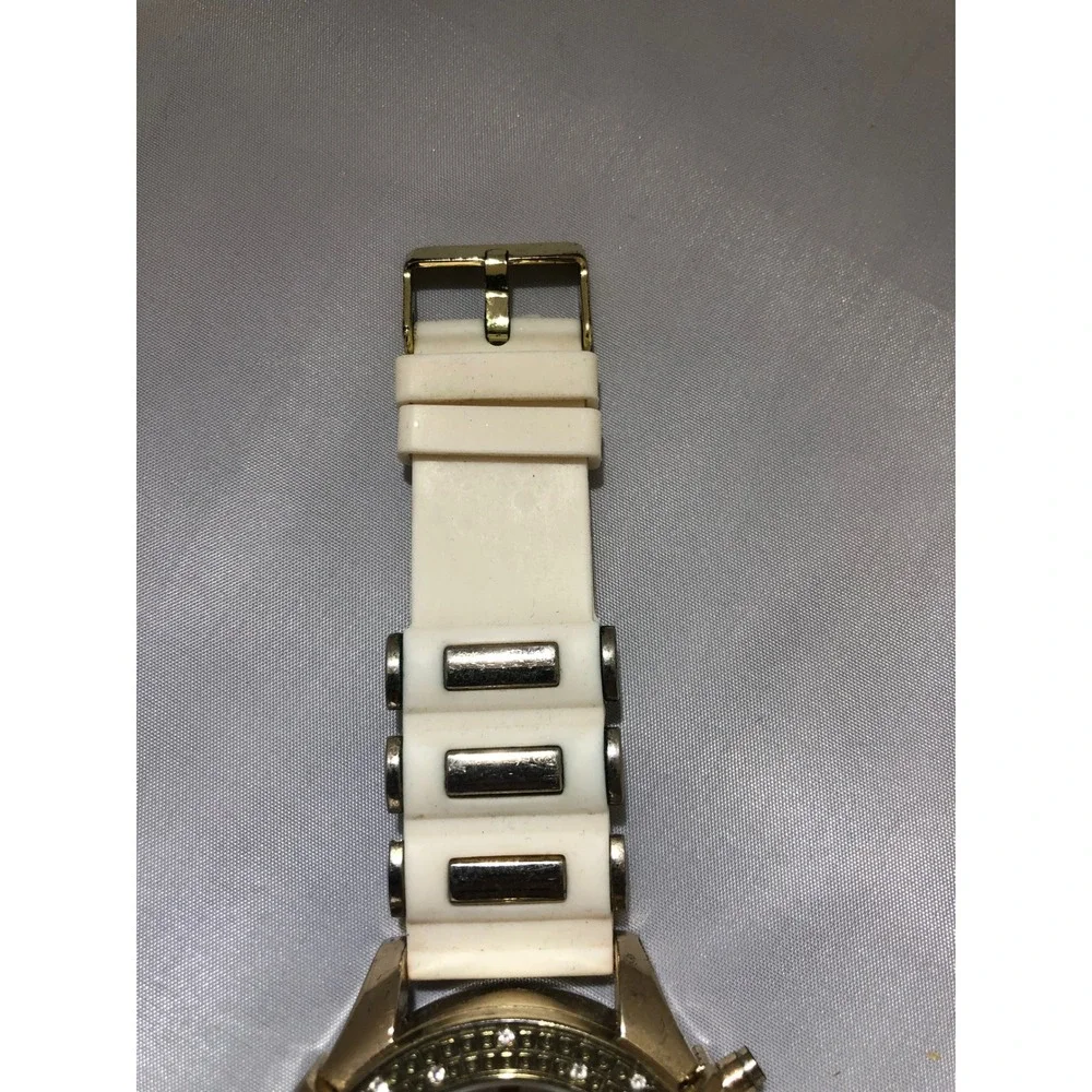 Techno Pave Gold Tone Crystal Bezel White Silicone Strap Watch 8128-7L